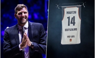 Įspūdingas Nowitzkio pagerbimas Kelne – į arenos palubes pakelti milžiniški marškinėliai